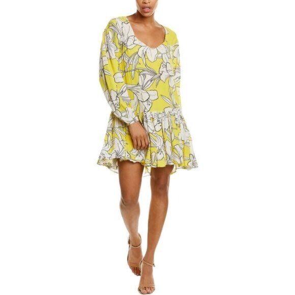 WALTER BAKER Lilith Relaxed Long Sleeve Mini Dress in Yellow Floral Print Size L - Picture 3 of 10